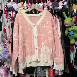 Shein Romwe Pink and White Cat Cardigan Sweater